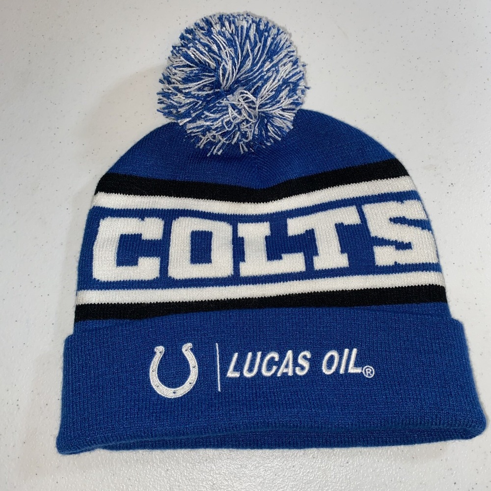 Indianapolis Colts Lucas Oil Beanie Winter Hat OSFM Stadium Blue Pom Pom‎